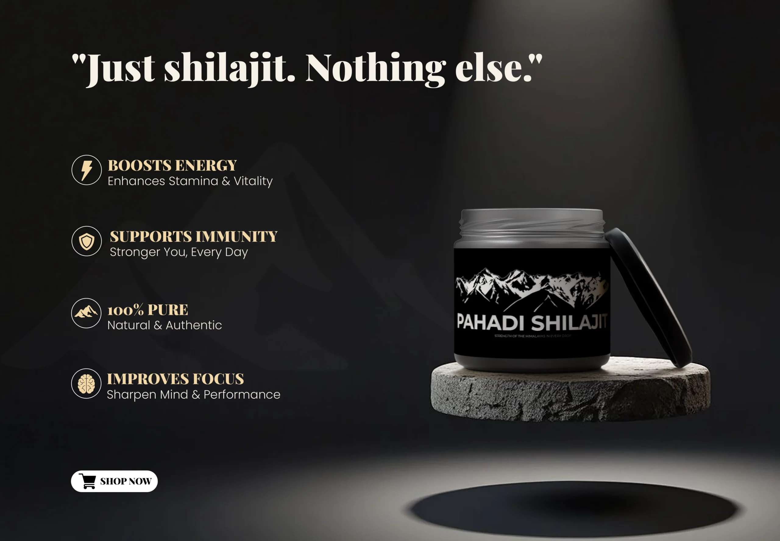 Pure Himalayan shilajit resin banner, organic Ayurvedic supplement, no additives