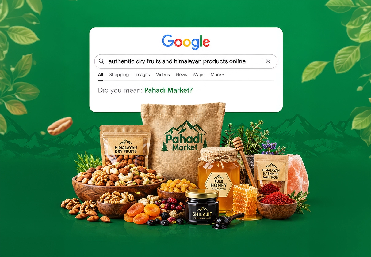 Pahadi Market banner, 100% organic Himalayan products, no additives, natural farming